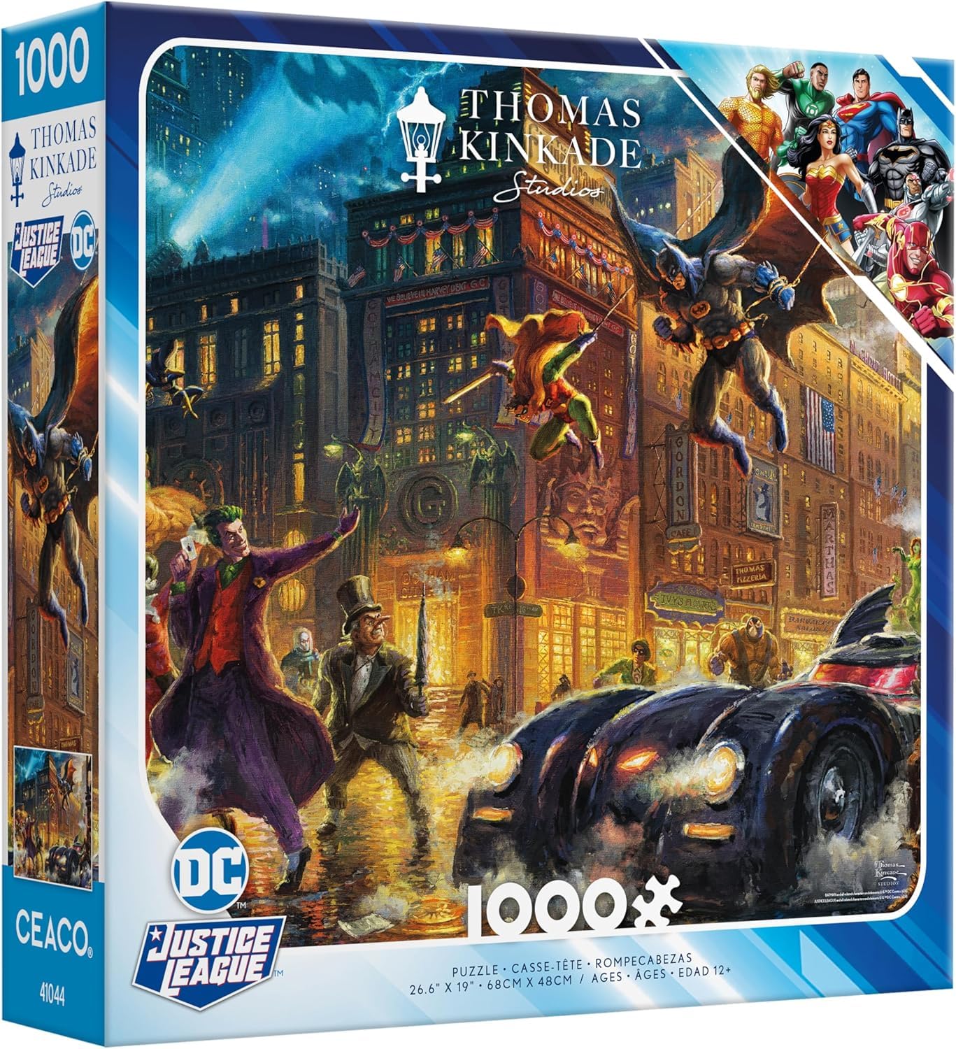 Ceaco Thomas Kinkade DC Comics Justice League puzzle cover with vibrant colors for family nights.