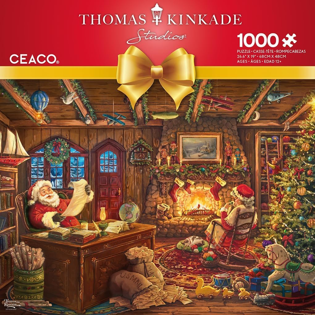 Ceaco Thomas Kinkade festive cabin with decorations in holiday puzzle