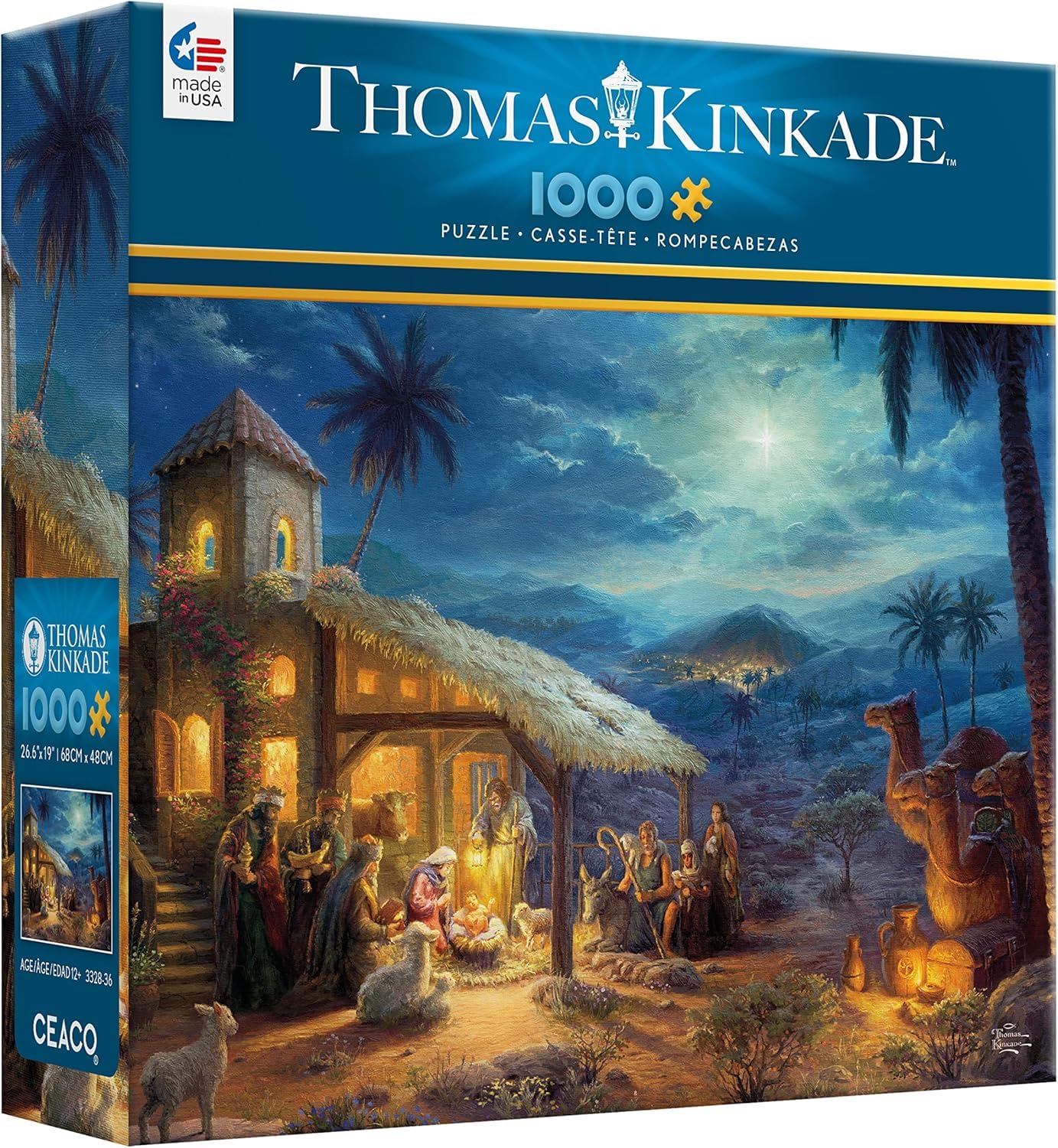 Ceaco Thomas Kinkade Nativity puzzle cover with vibrant colors for family night enjoyment
