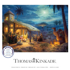 Ceaco Thomas Kinkade Nativity artwork framed by a warm winter scene