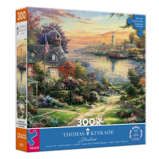 Ceaco Thomas Kinkade New England Harbor puzzle with cozy cottage for calm puzzling sessions