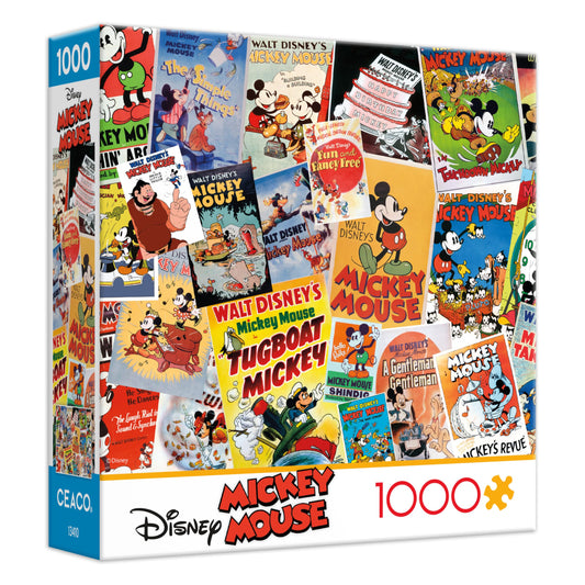 Ceaco vintage Mickey poster collage puzzle, bold colors and nostalgia for adults.