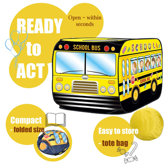 Cecailin school bus tent open entrance invites kids to crawl inside and explore.