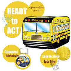 Cecailin school bus tent open entrance invites kids to crawl inside and explore.
