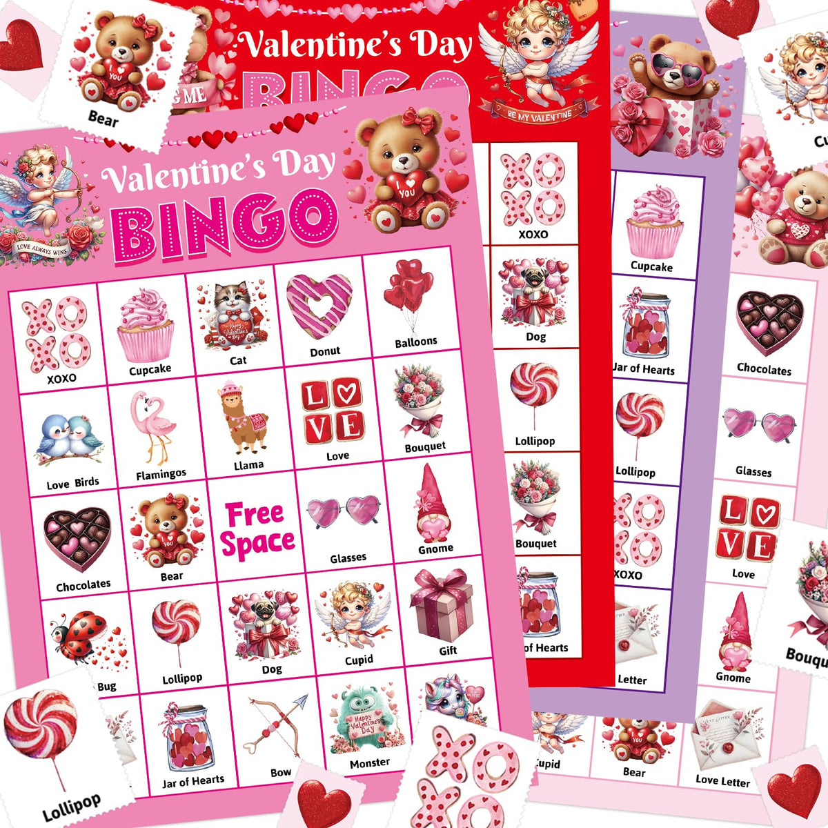 Ceiba Tree Valentines Bingo Cards for 24 players ideal for classroom and party fun.