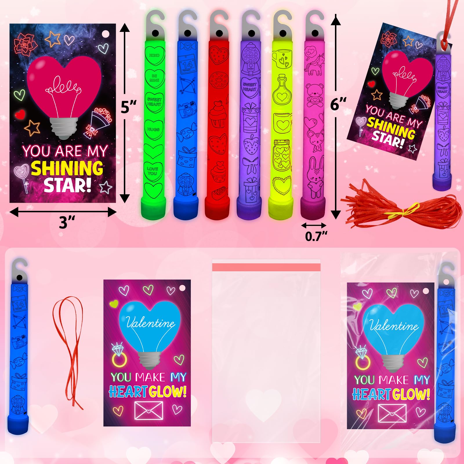 Ceiba Tree Valentines Glow Sticks colors yellow-green-blue for vibrant celebrations.