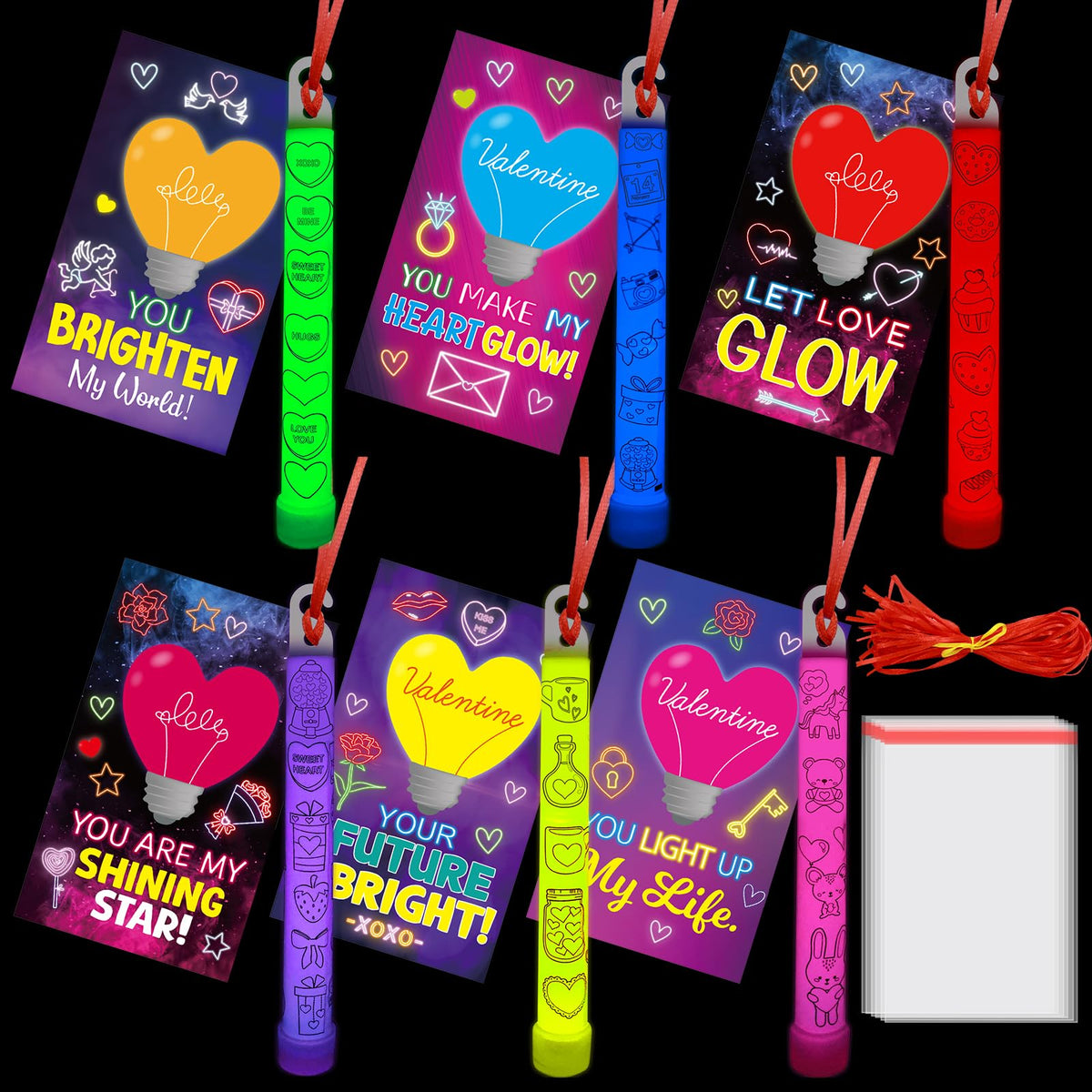 Ceiba Tree Valentines Glow Sticks 24pcs for classrooms, brightening gift exchanges.