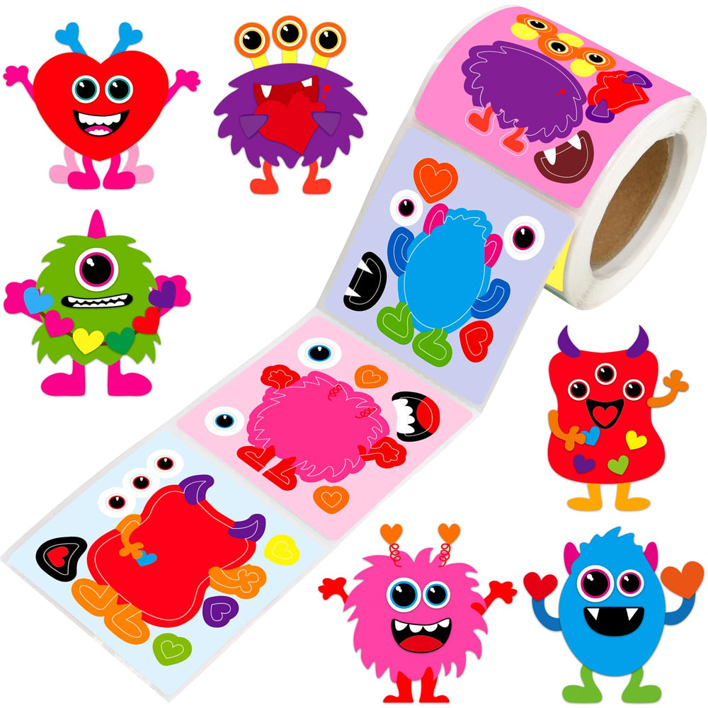 Ceiba Tree Valentines monster stickers roll with six designs for classroom crafting