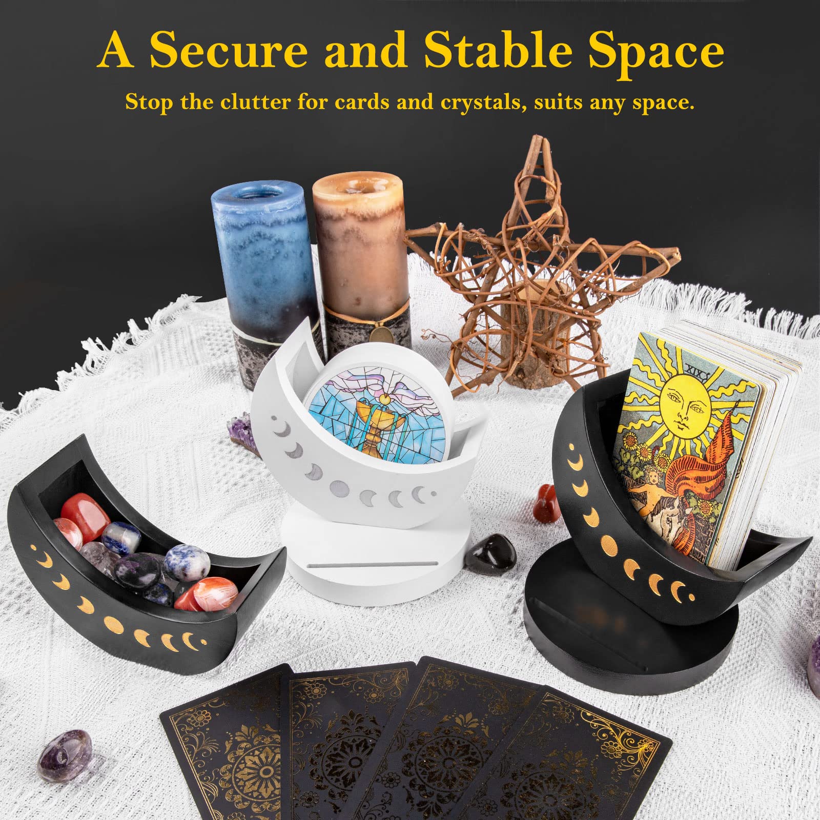 Ceiner tarot deck display box compact dimensions fit on desks and altars.