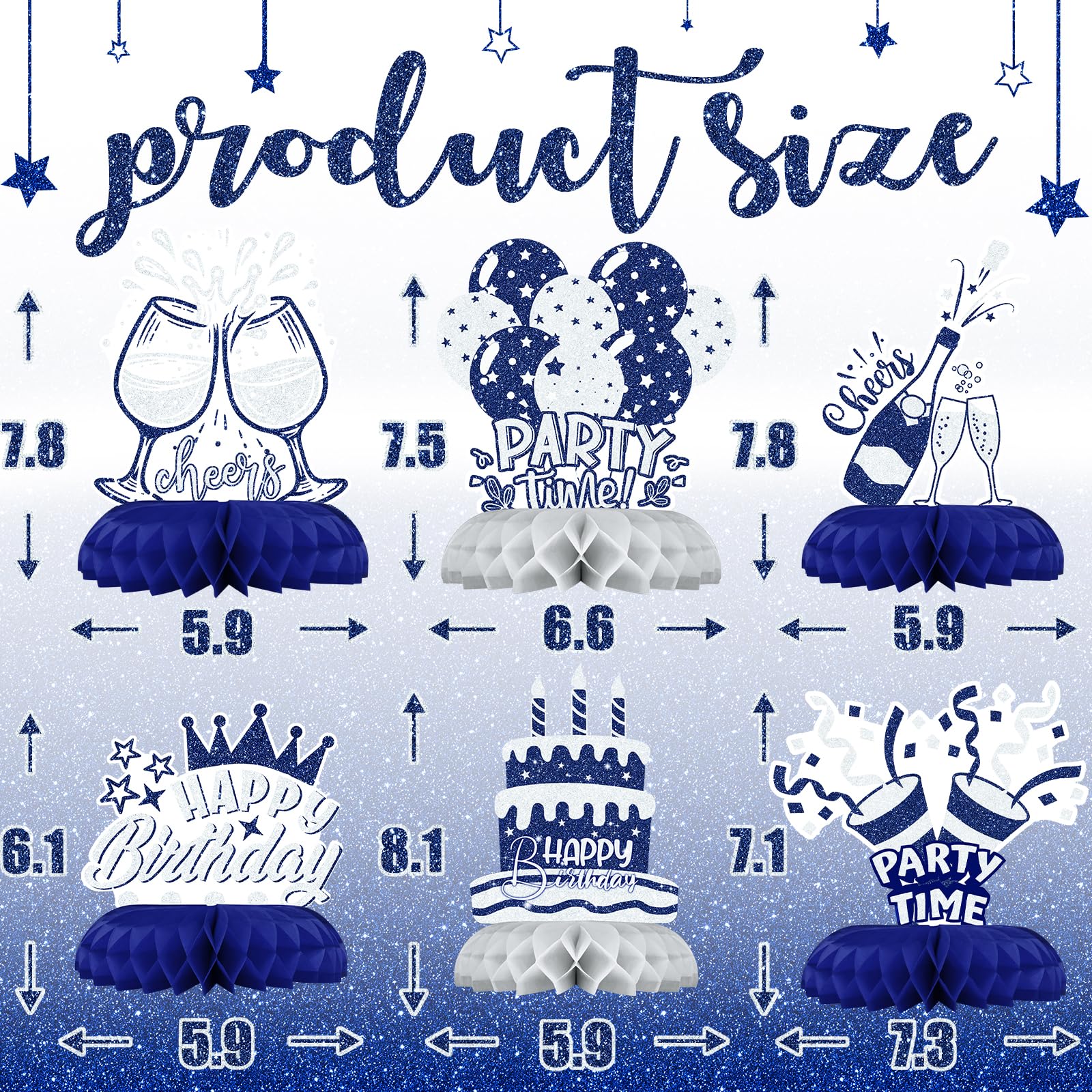 Celee blue-silver honeycomb ball with birthday cards enhances festive table accents.
