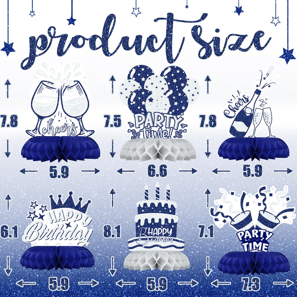 Celee blue-silver honeycomb ball with birthday cards enhances festive table accents.