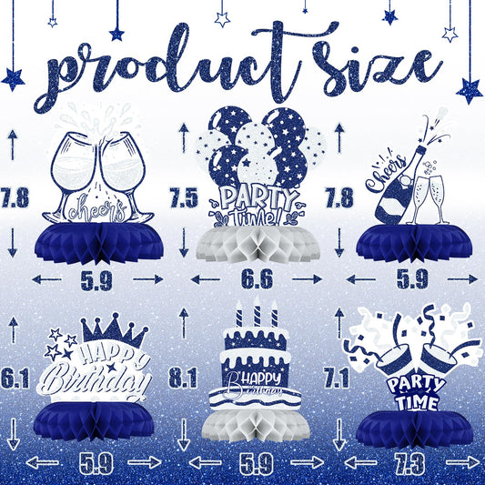 Celee blue-silver honeycomb ball with birthday cards enhances festive table accents.