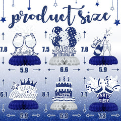 Celee blue-silver honeycomb ball with birthday cards enhances festive table accents.