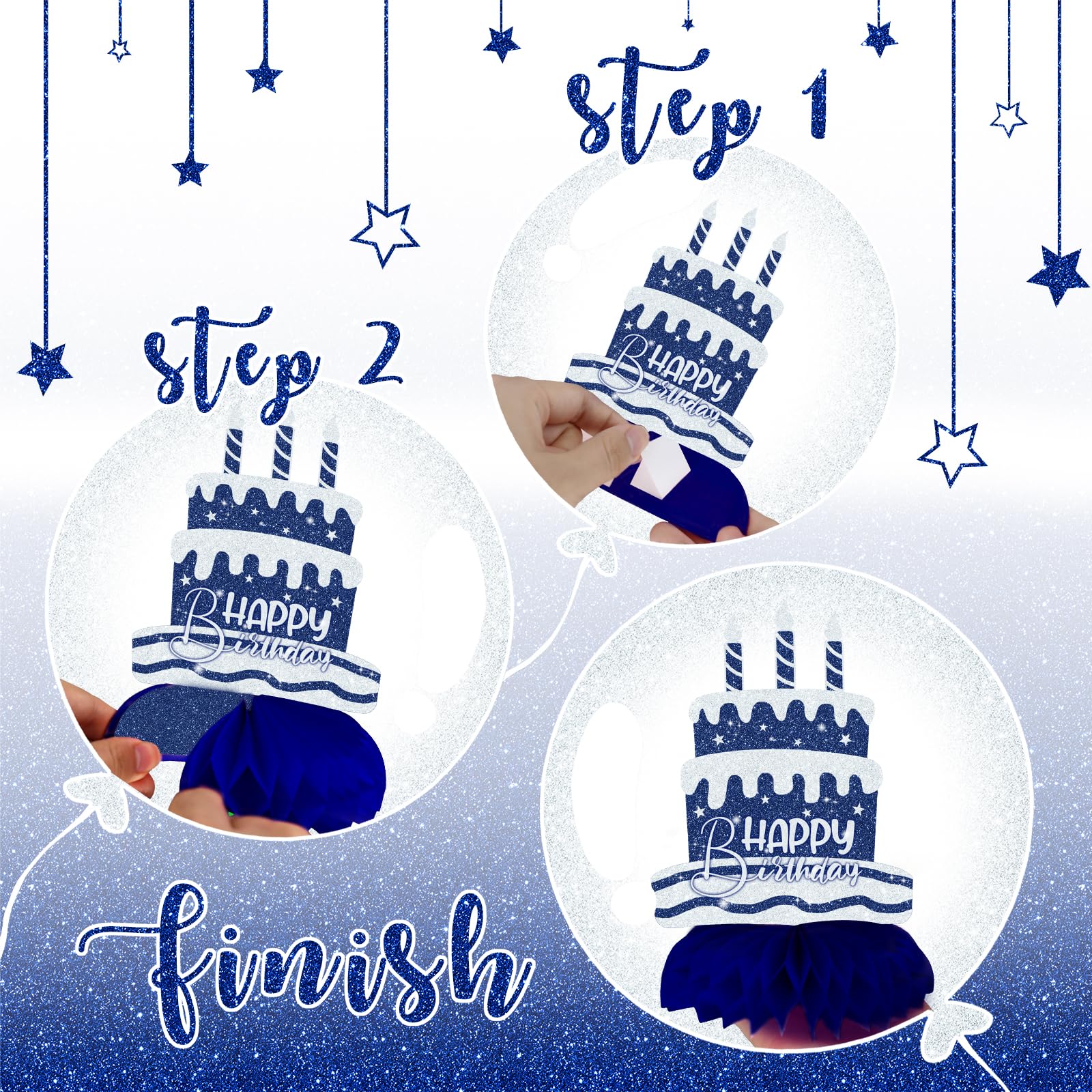Celee chic blue and silver party decor with stars and balloons for celebrations.