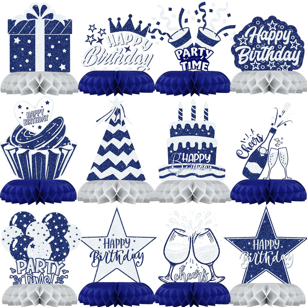 Celee navy blue and silver honeycomb centerpiece on a table adds elegant milestone birthday decor.