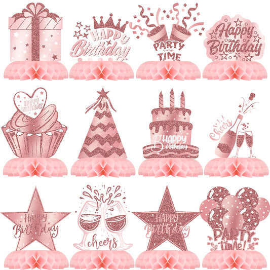 Celee pink rose gold honeycomb ball adds a festive tabletop glow.
