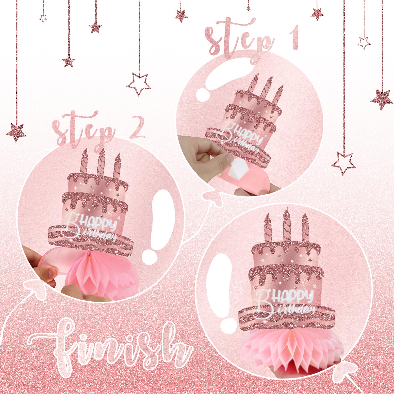 Celee rose gold table toppers create instant focal points for women's birthdays.