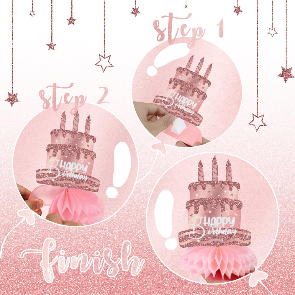 Celee rose gold table toppers create instant focal points for women's birthdays.