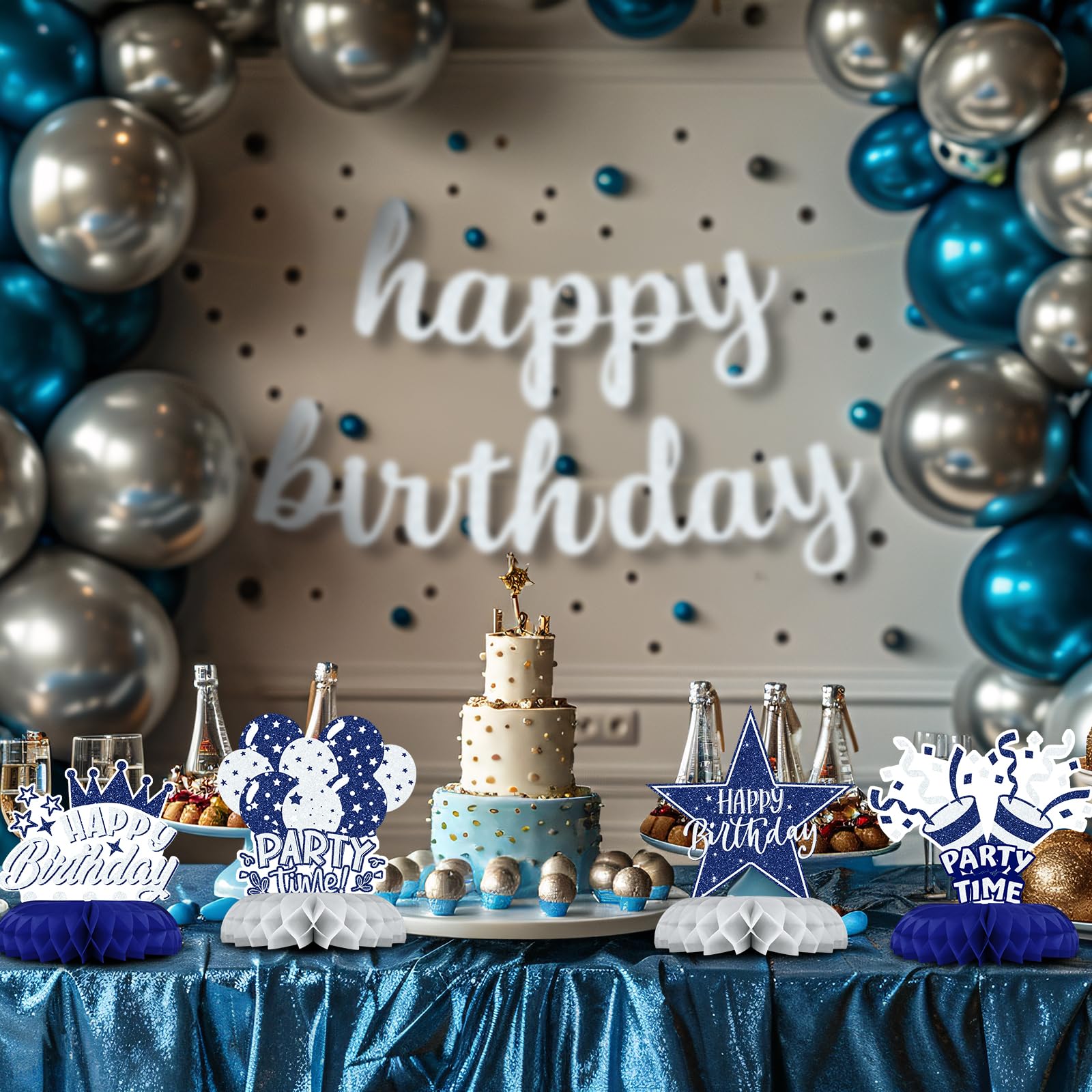 Celee table topper in blue and silver creates a striking focal point.