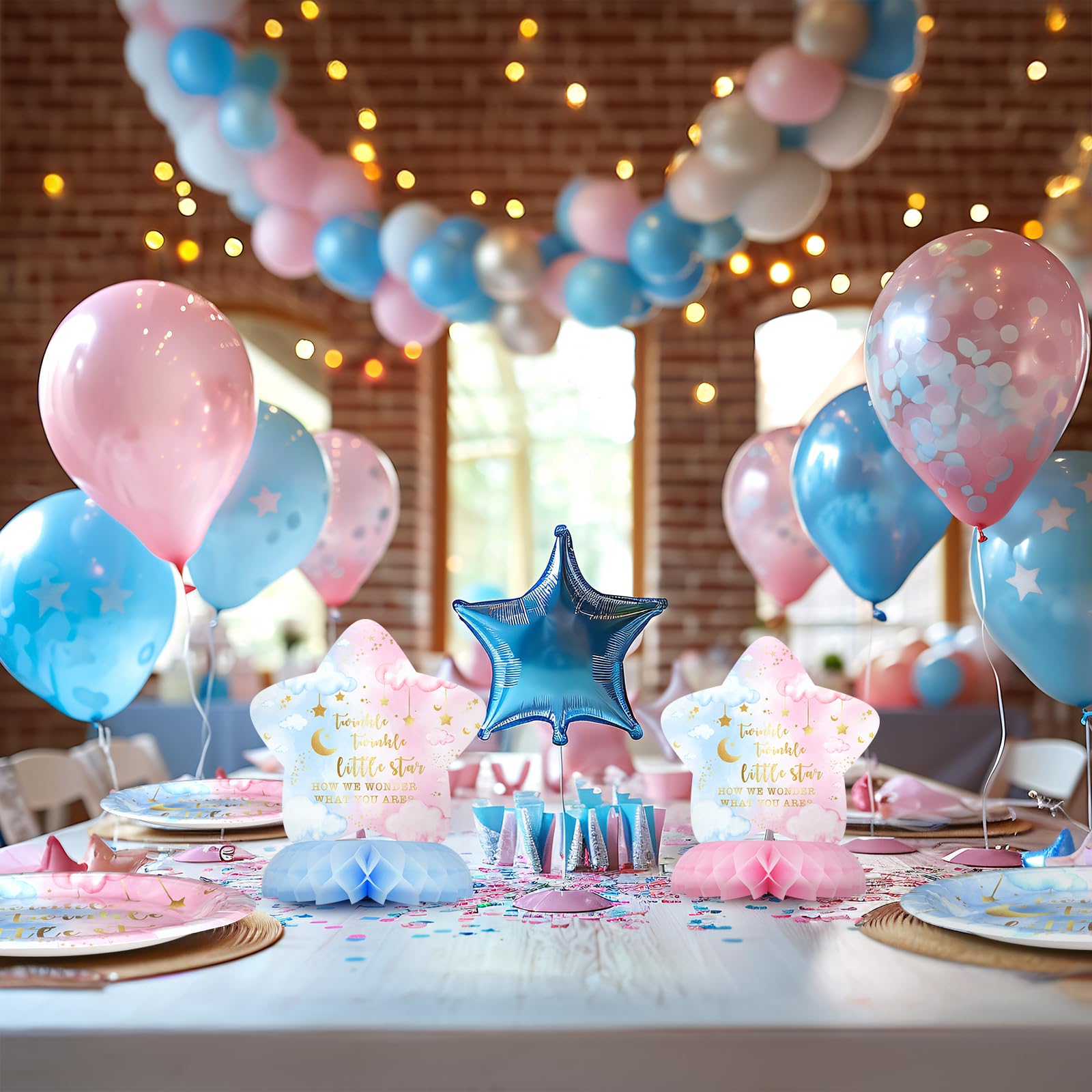 Celee Twinkle Twinkle baby shower table decor enhancing dessert and gift areas.