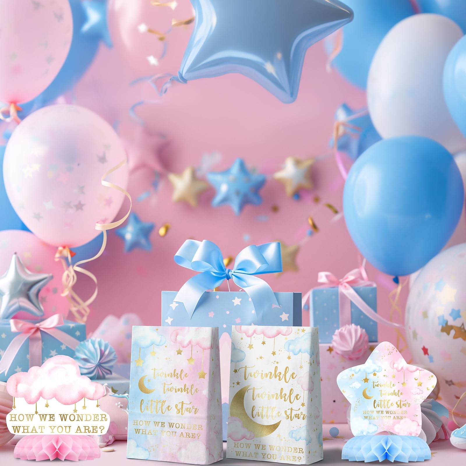 Celee Twinkle Twinkle pink honeycomb base centerpiece with stars and moons.