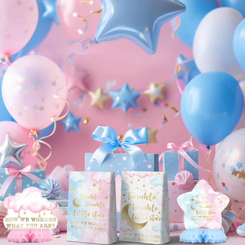 Celee Twinkle Twinkle pink honeycomb base centerpiece with stars and moons.