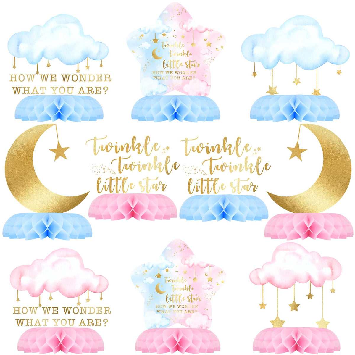 Celee Twinkle Twinkle star centerpiece set on a baby shower table.