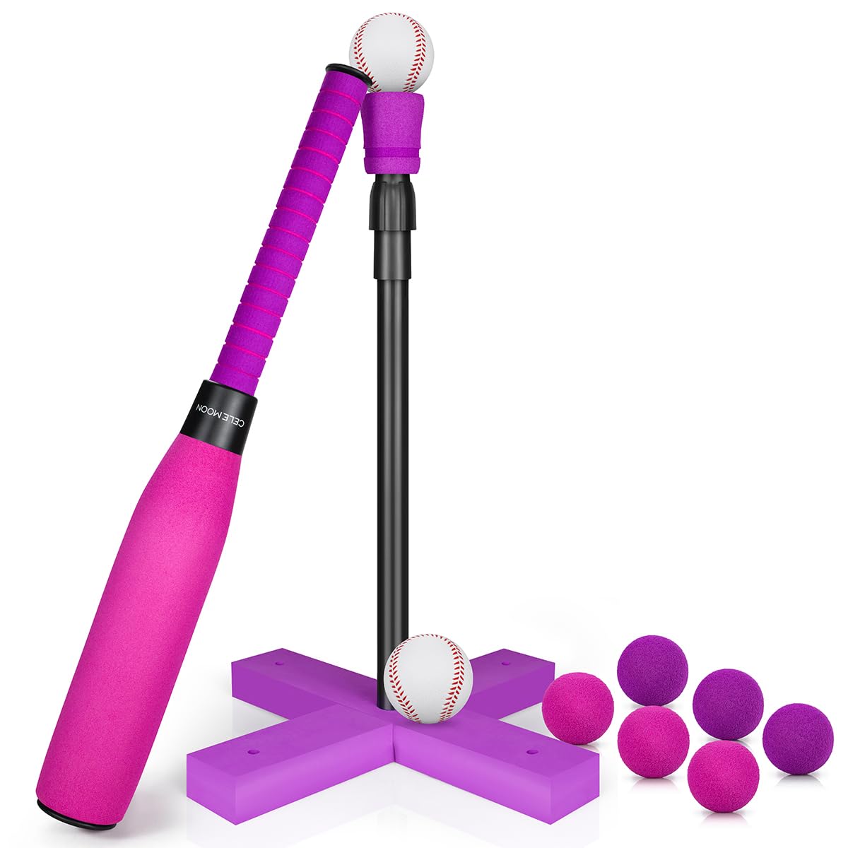 CeleMoon adjustable T-ball pink bat for safe backyard play.