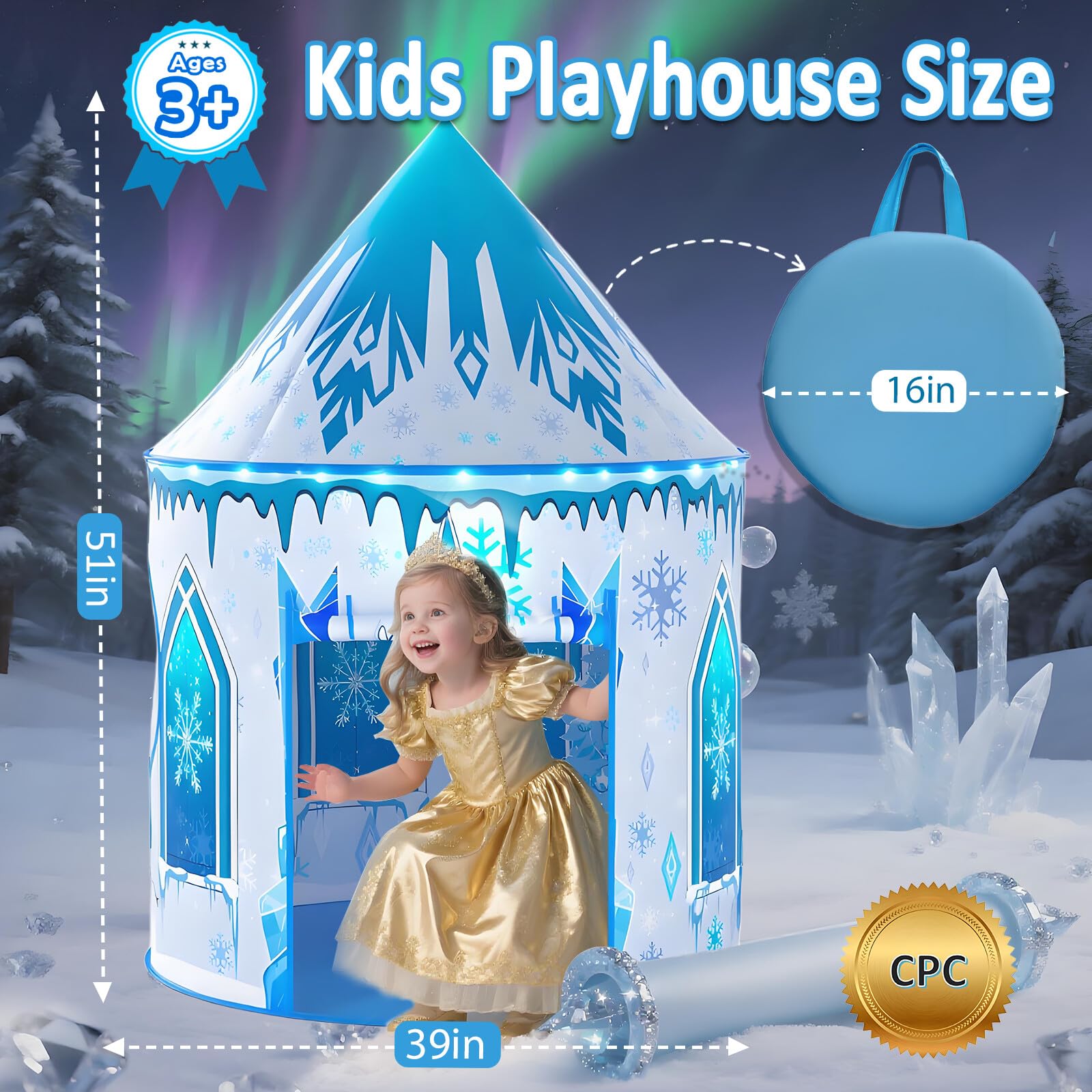 Celontry Frozen Play Tent interior showing blue castle and breathable mesh for supervision