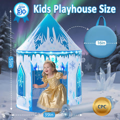 Celontry Frozen Play Tent interior showing blue castle and breathable mesh for supervision