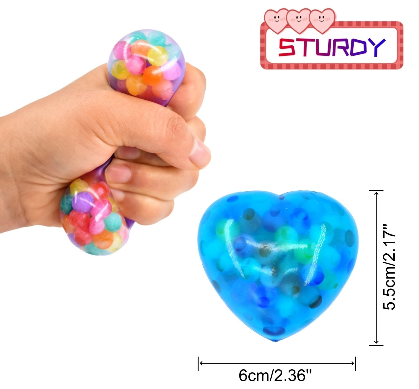 Cenmeytoy heart squeeze ball close-up showing soft tactile squish and durability.