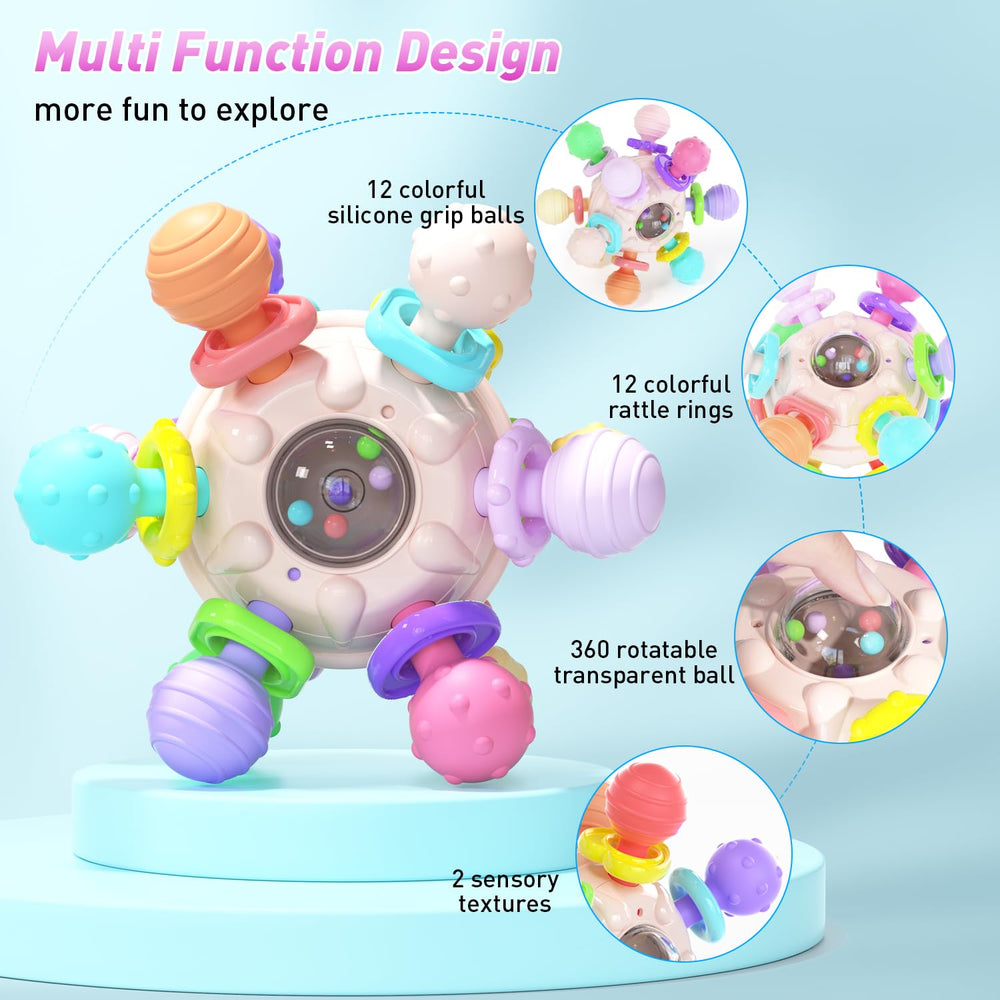 Cerberus teether featuring Montessori clear beads for sensory exploration