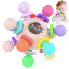 Cerberus silicone baby teether with pink and multicolor balls for teething and grip