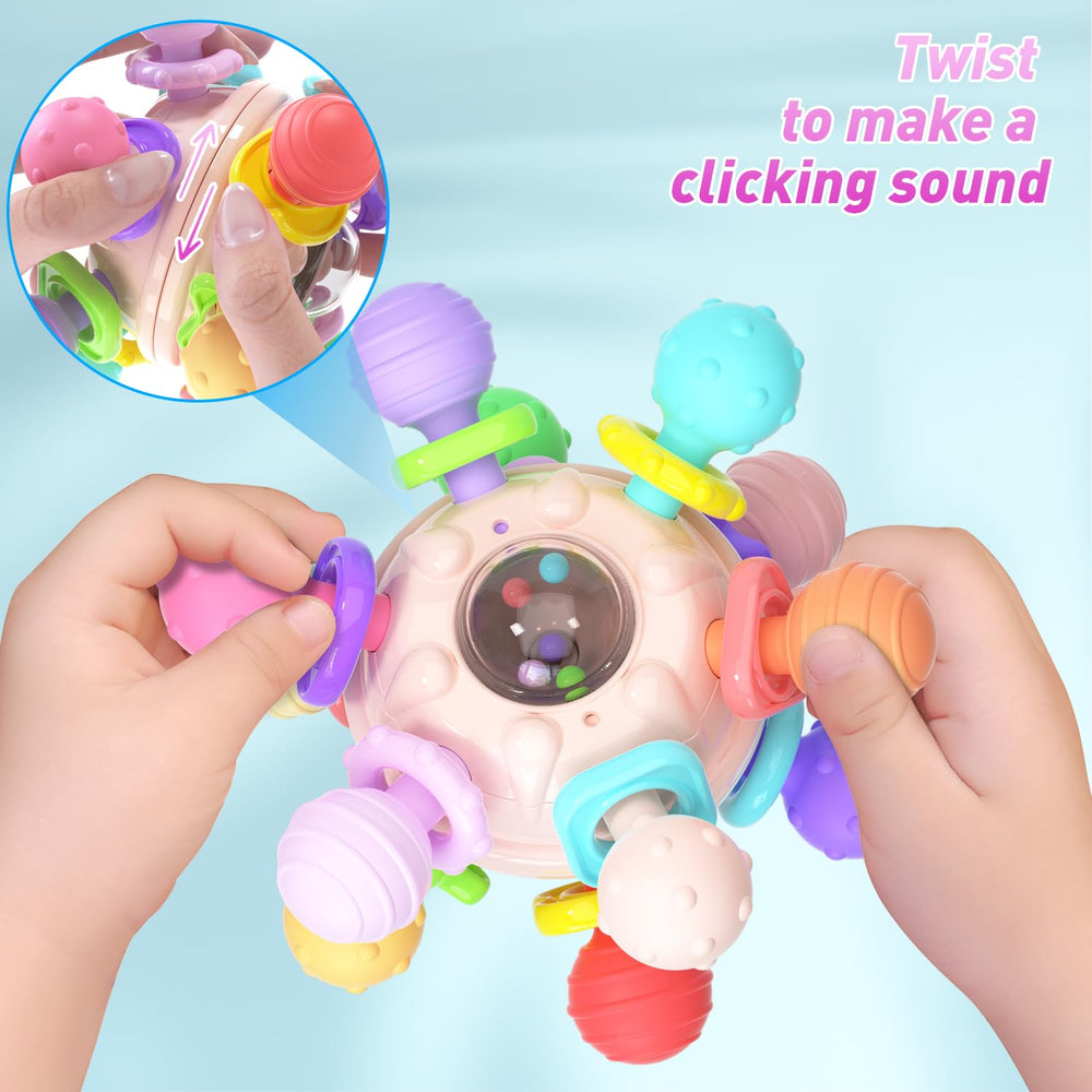 Twist and click Cerberus teether design creates engaging sounds