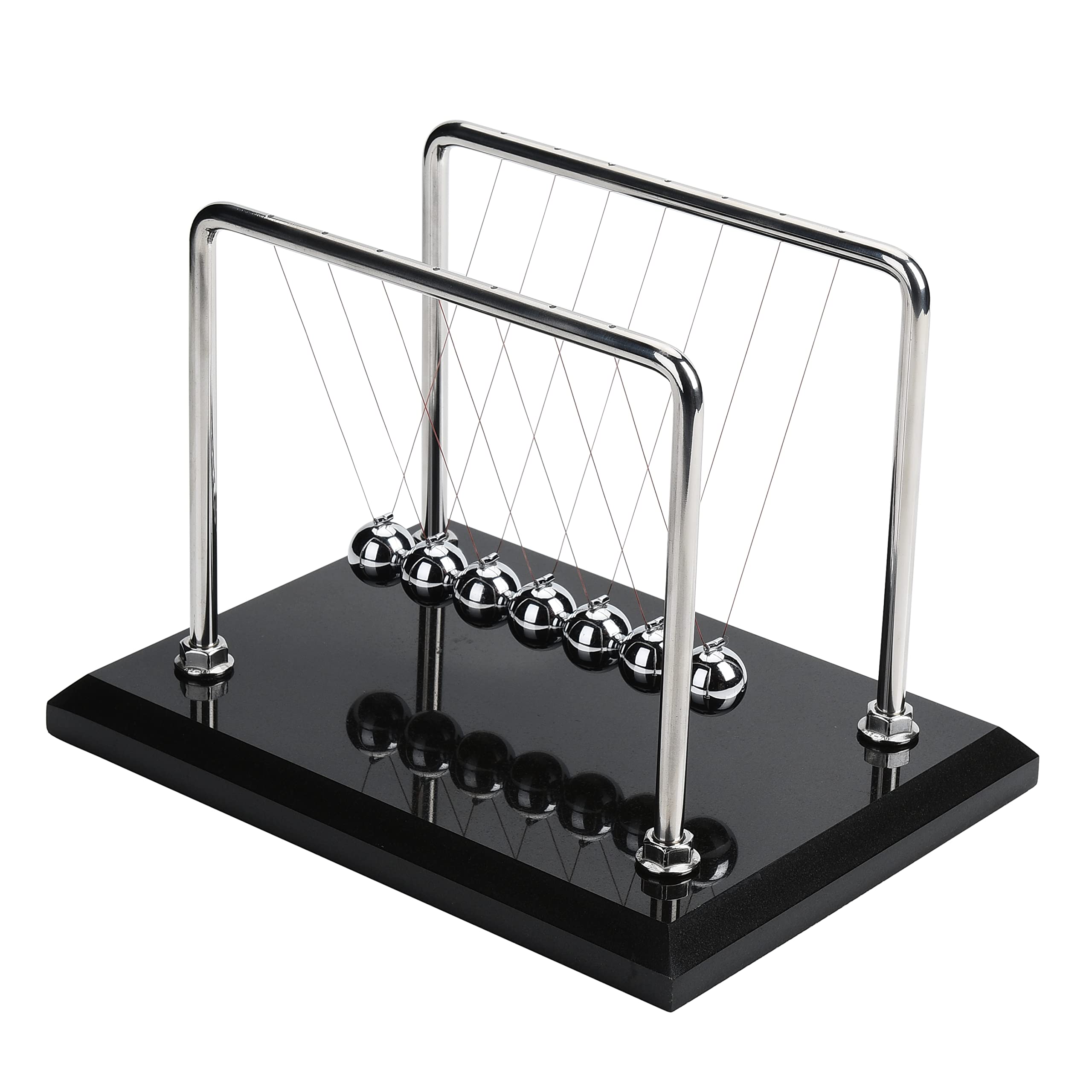 CERROPI Newton cradle front view on a desk for visual motion study