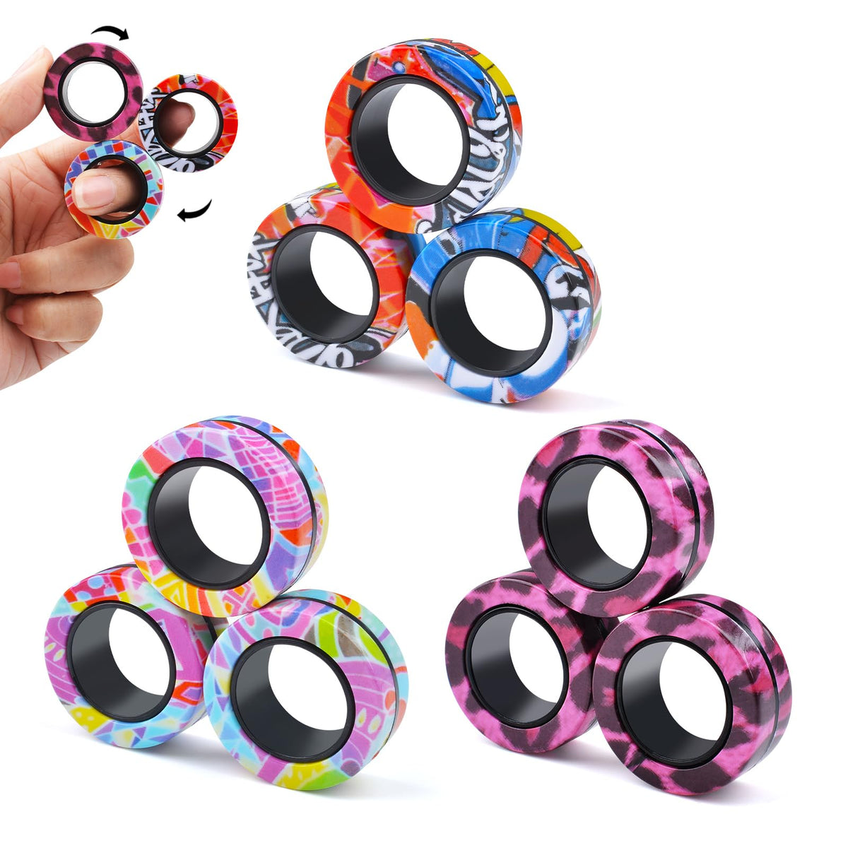 Cevioce 9Pcs magnetic rings set in packaging view, portable stress relief on the go.