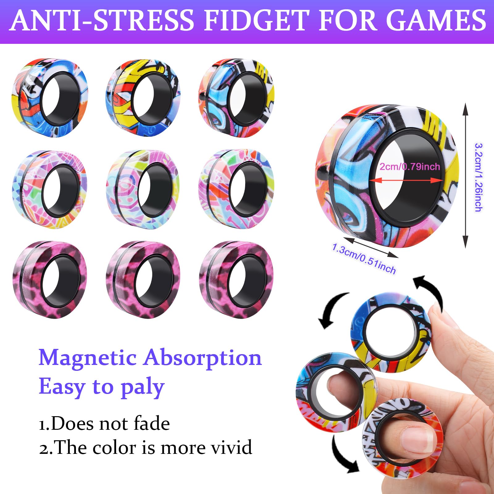 Cevioce 9Pcs rings travel-ready, ideal for on-the-go calm and distraction management.