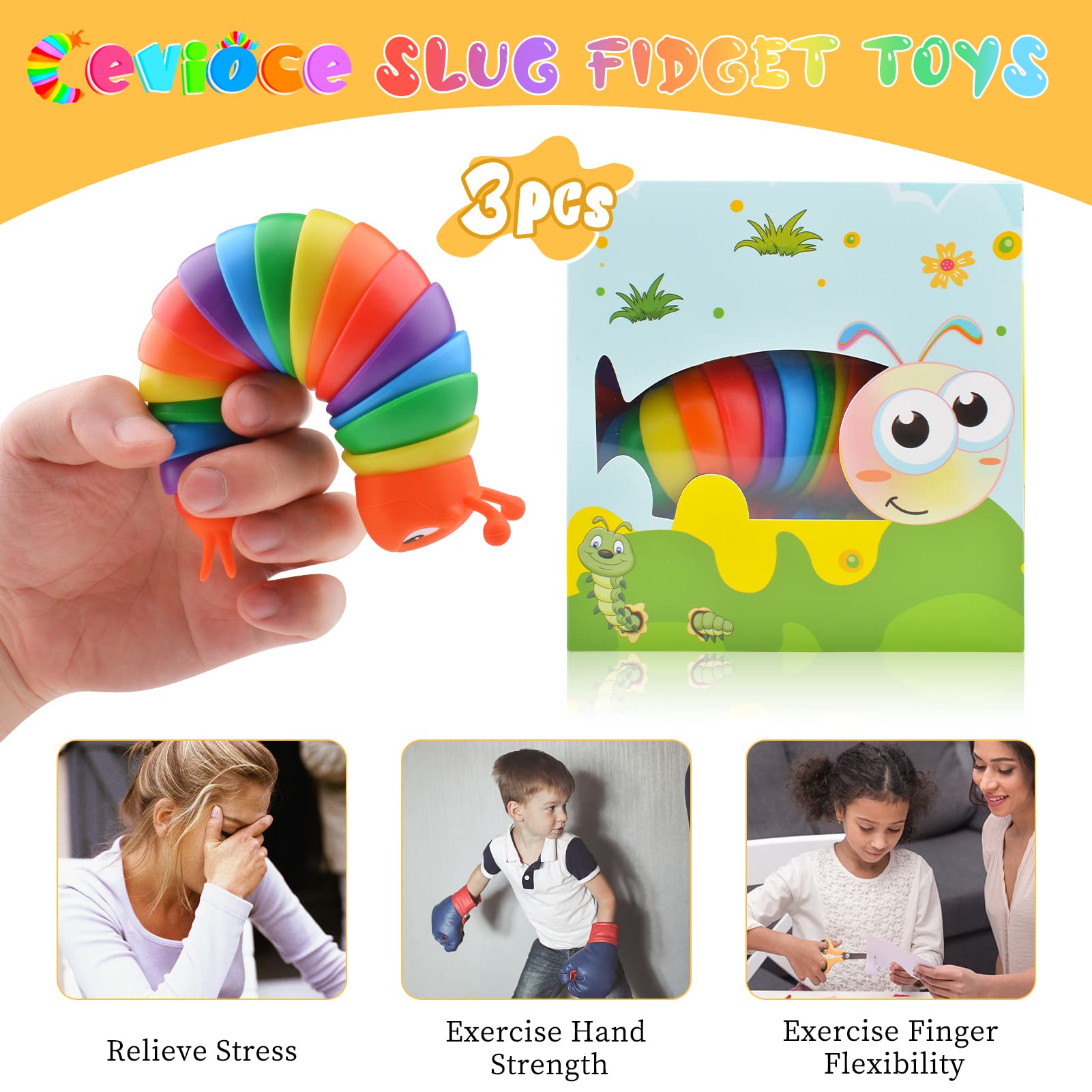 Cevioce slug toy with soft silicone head and tail for gentle handling.