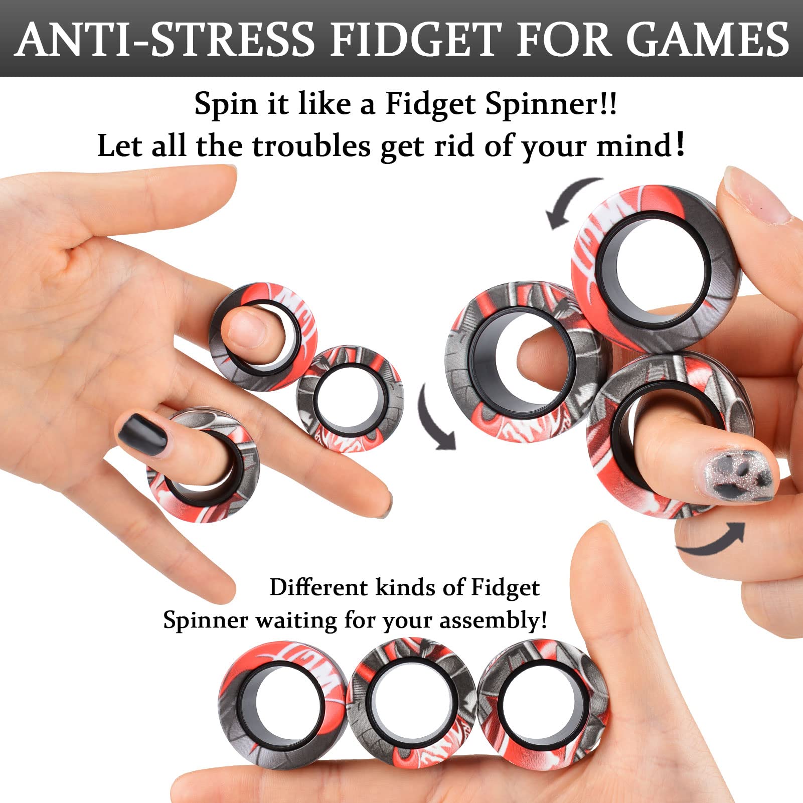 Cevioce rings on desk illustrate discreet stress relief during work.