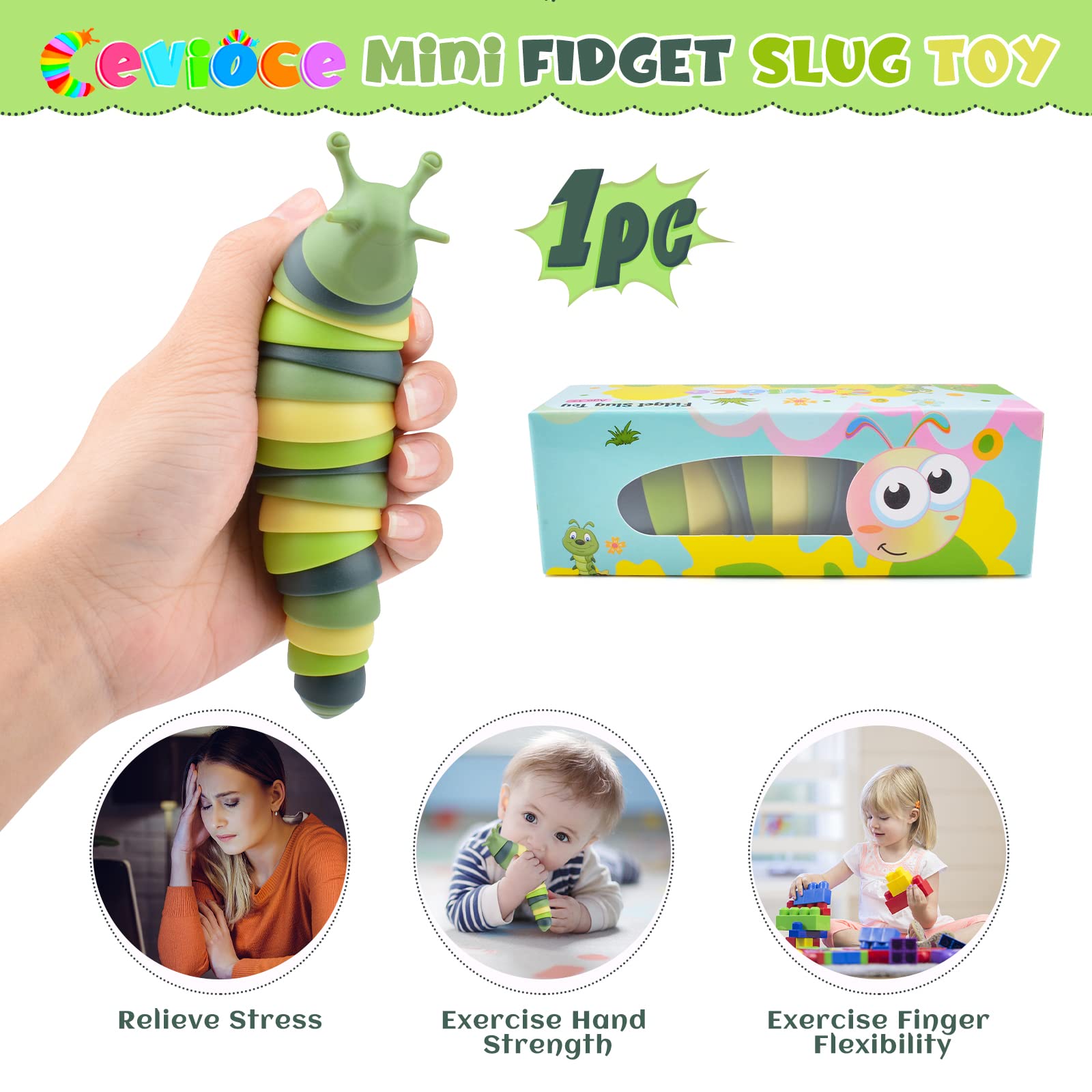 Cevioce Sensory Slug Green action demonstrates 3D articulation for tactile play.