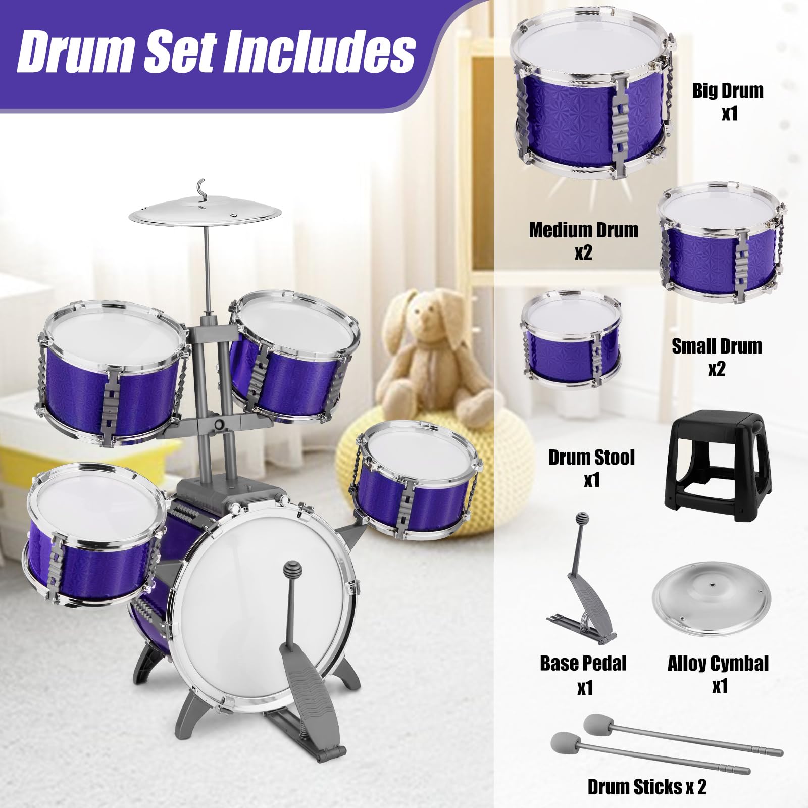 CHADRIGIVS Kids Jazz Drum Set kid playing demonstrates interactive musical exploration.