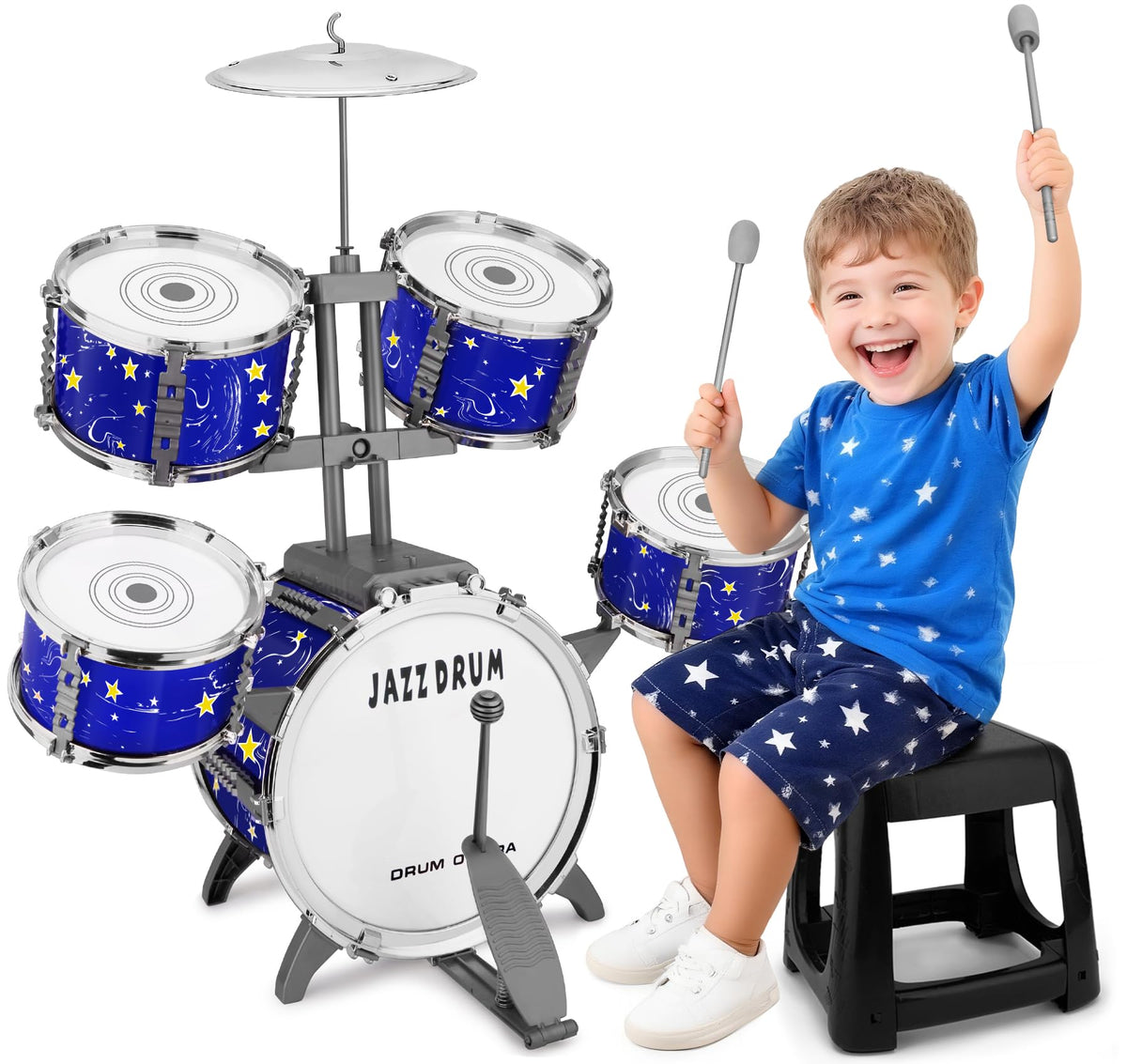 CHADRIGIVS upgraded kids drum set full view in starlight blue, ideal for imaginative play.