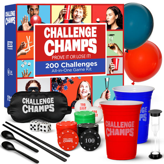 Challenge Champs Action Game contents laid out for instant play with 10 accessories.