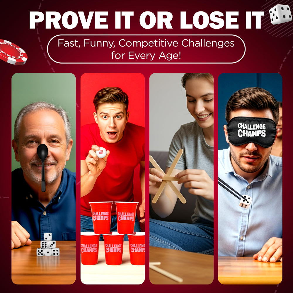 Complete set includes ping pong balls, cups, balloons, dice, and more.