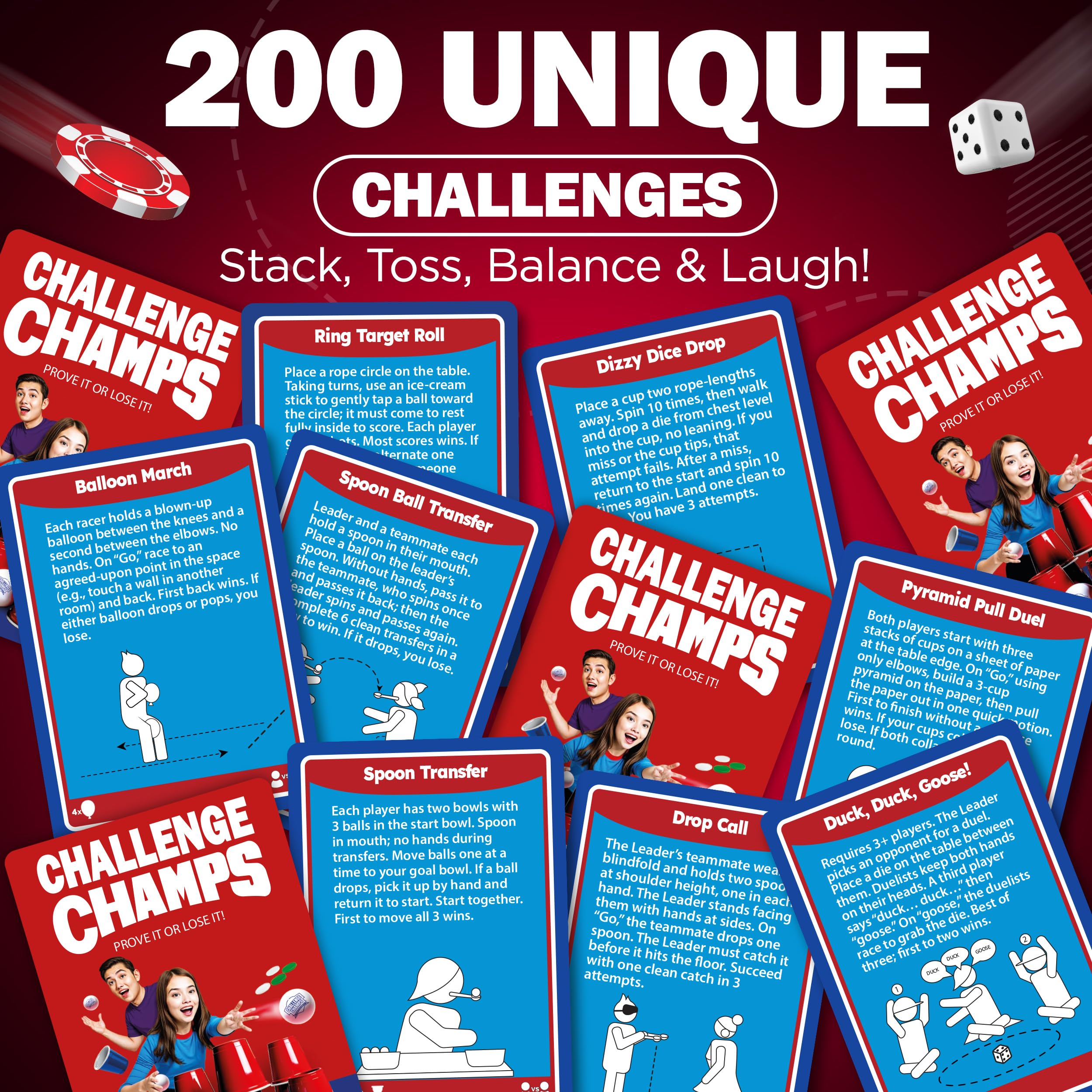 Challenge types like speed, tricks, balance, and team play are included.
