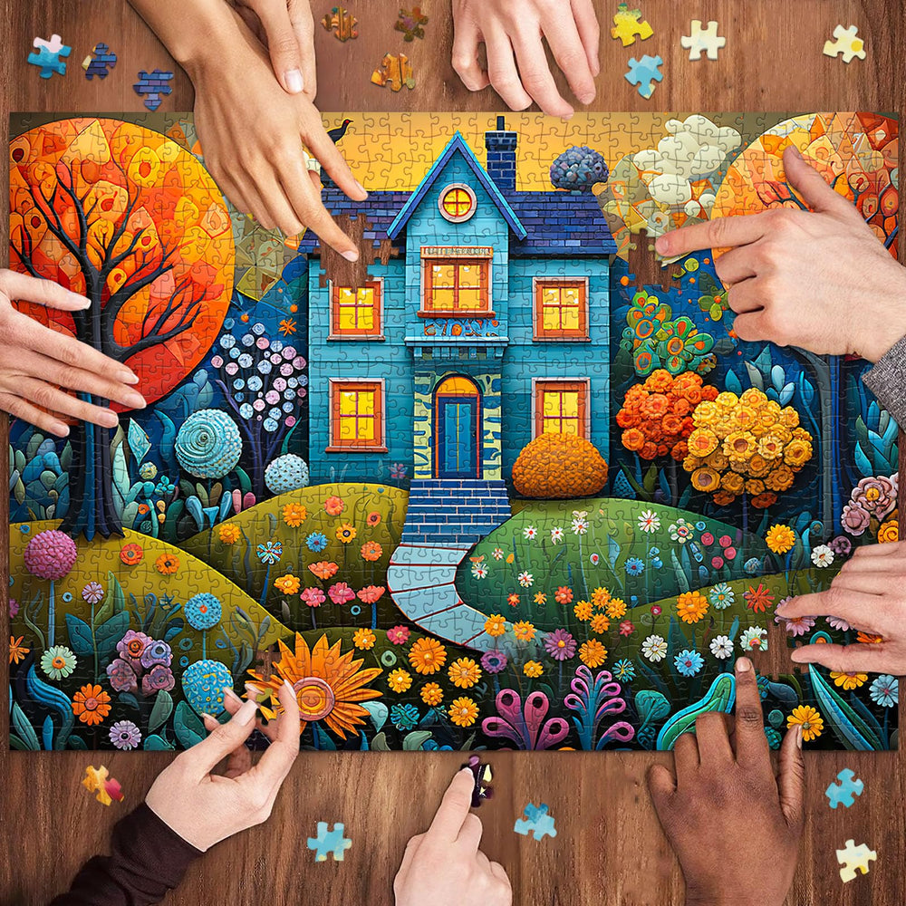 Chalzidar jigsaw elves in houses scene encourages imaginative play and collaboration.