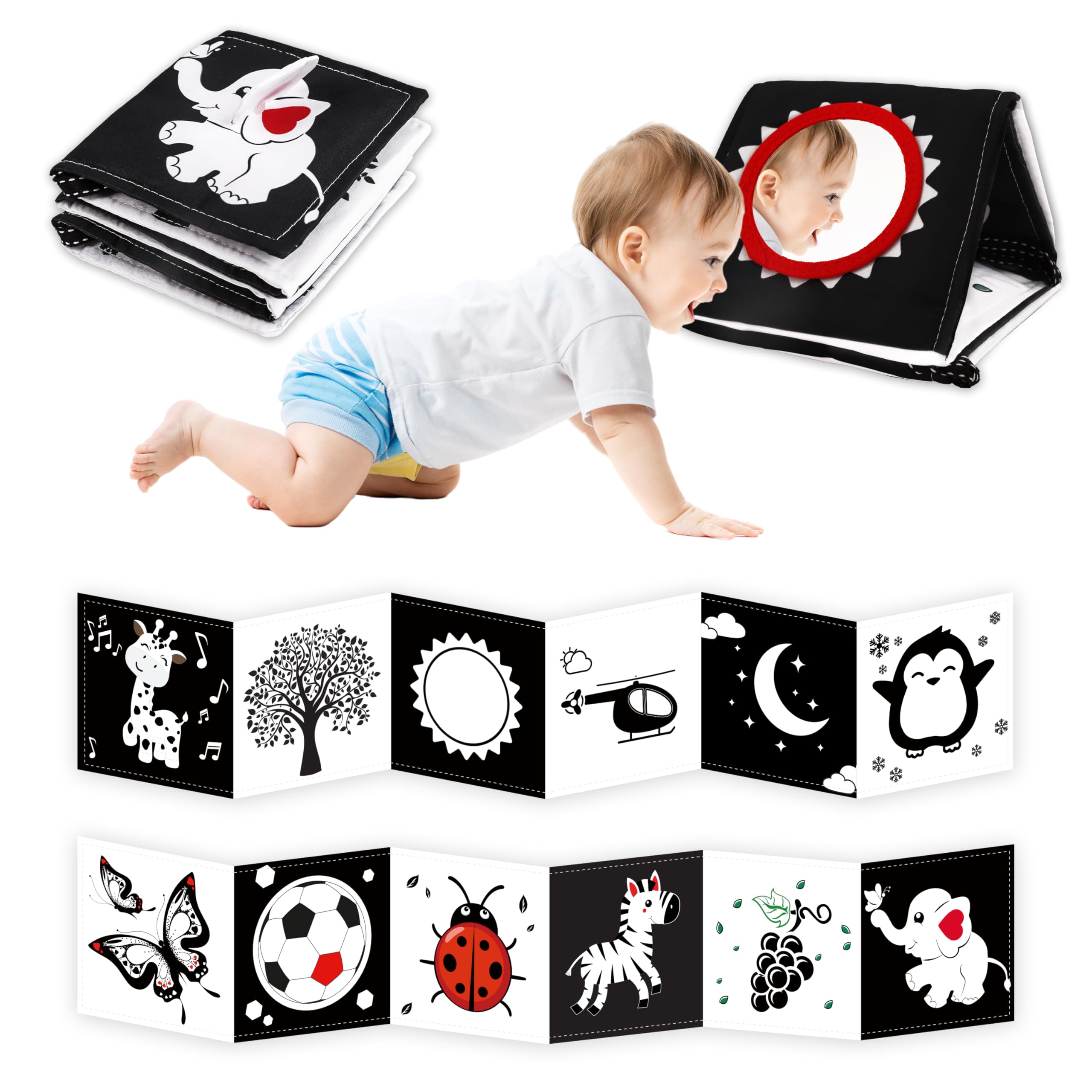 Chambom black-and-white tummy time book engages newborn visual development.
