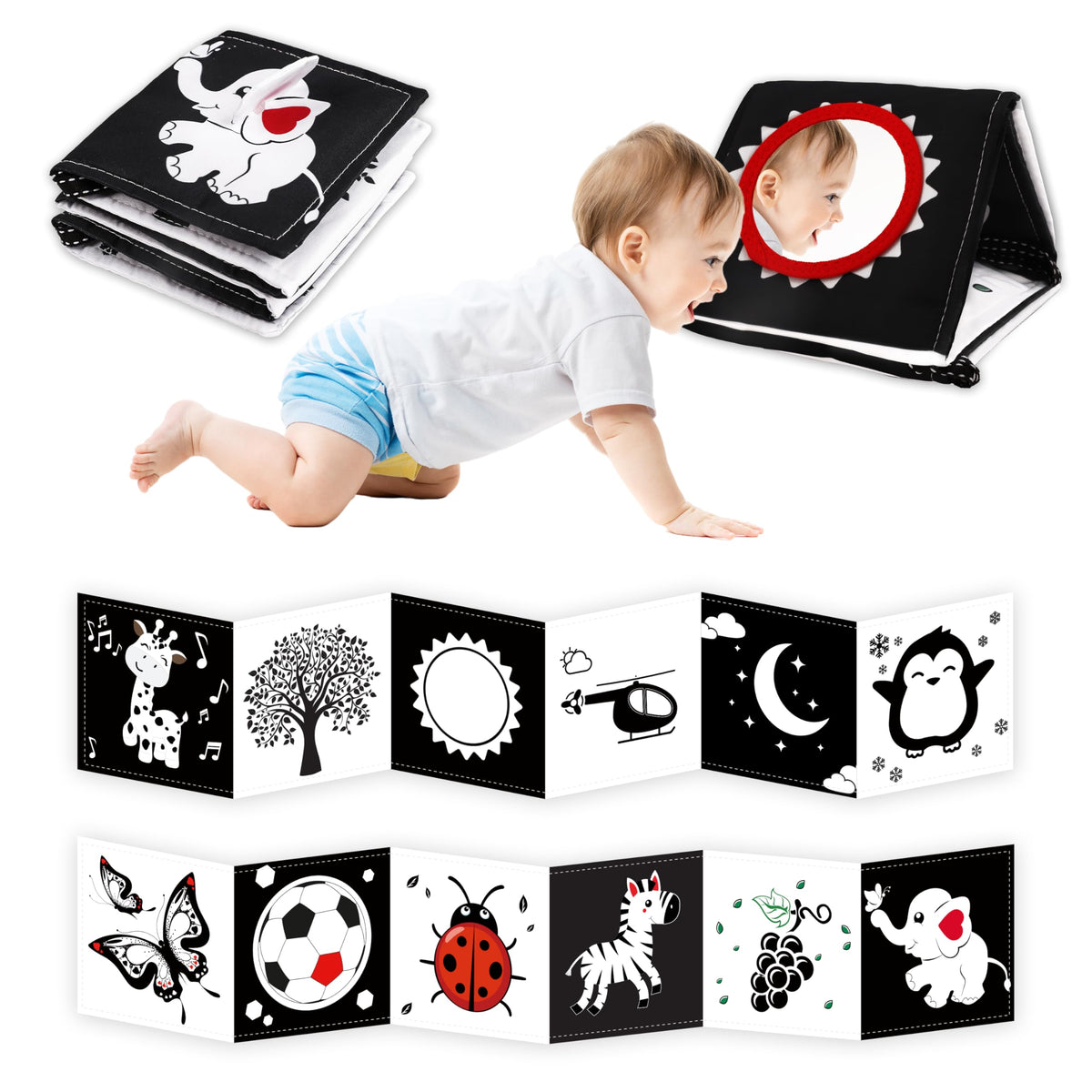 Chambom black-and-white tummy time book engages newborn visual development.