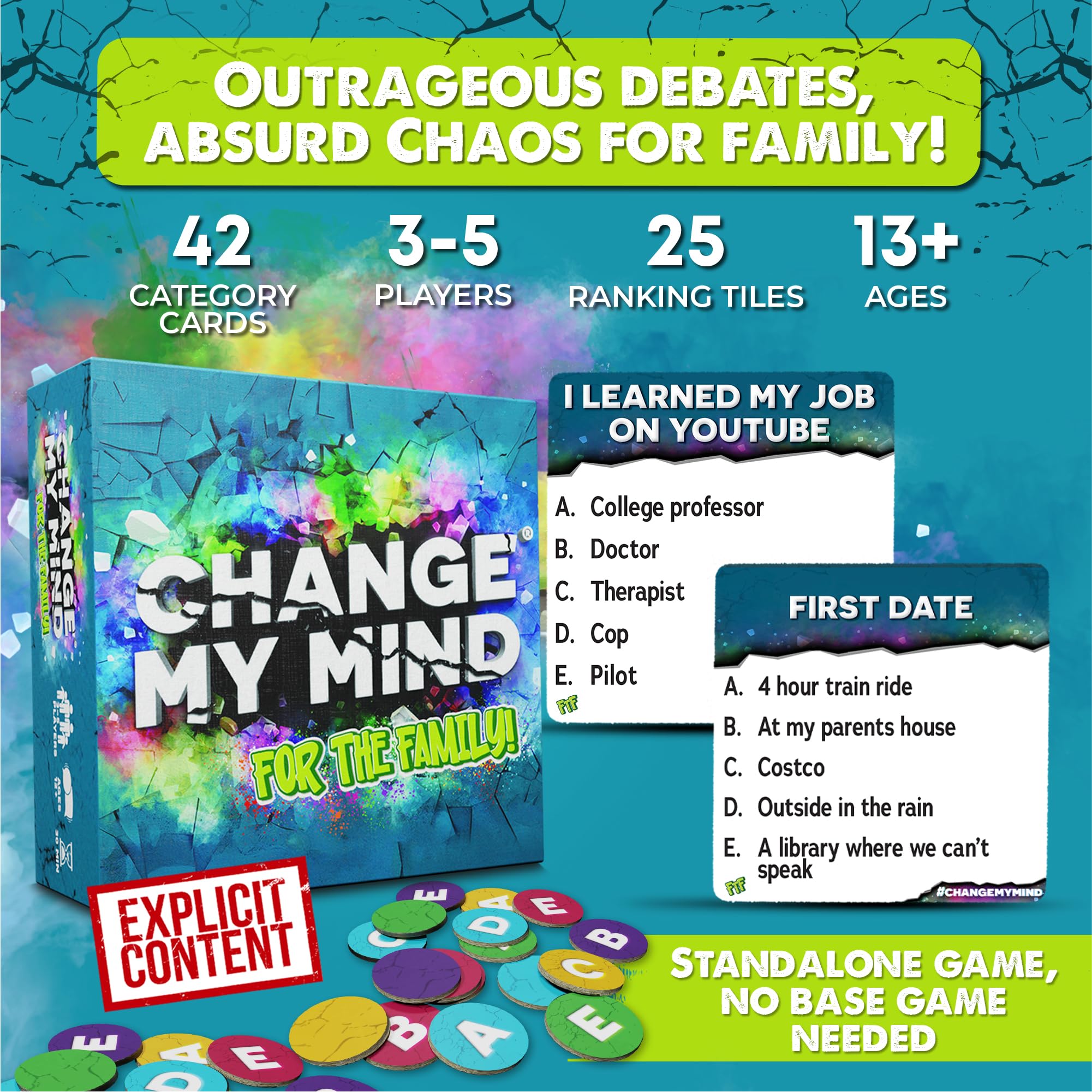 Change My Mind for The Family players debating with witty cards during play.
