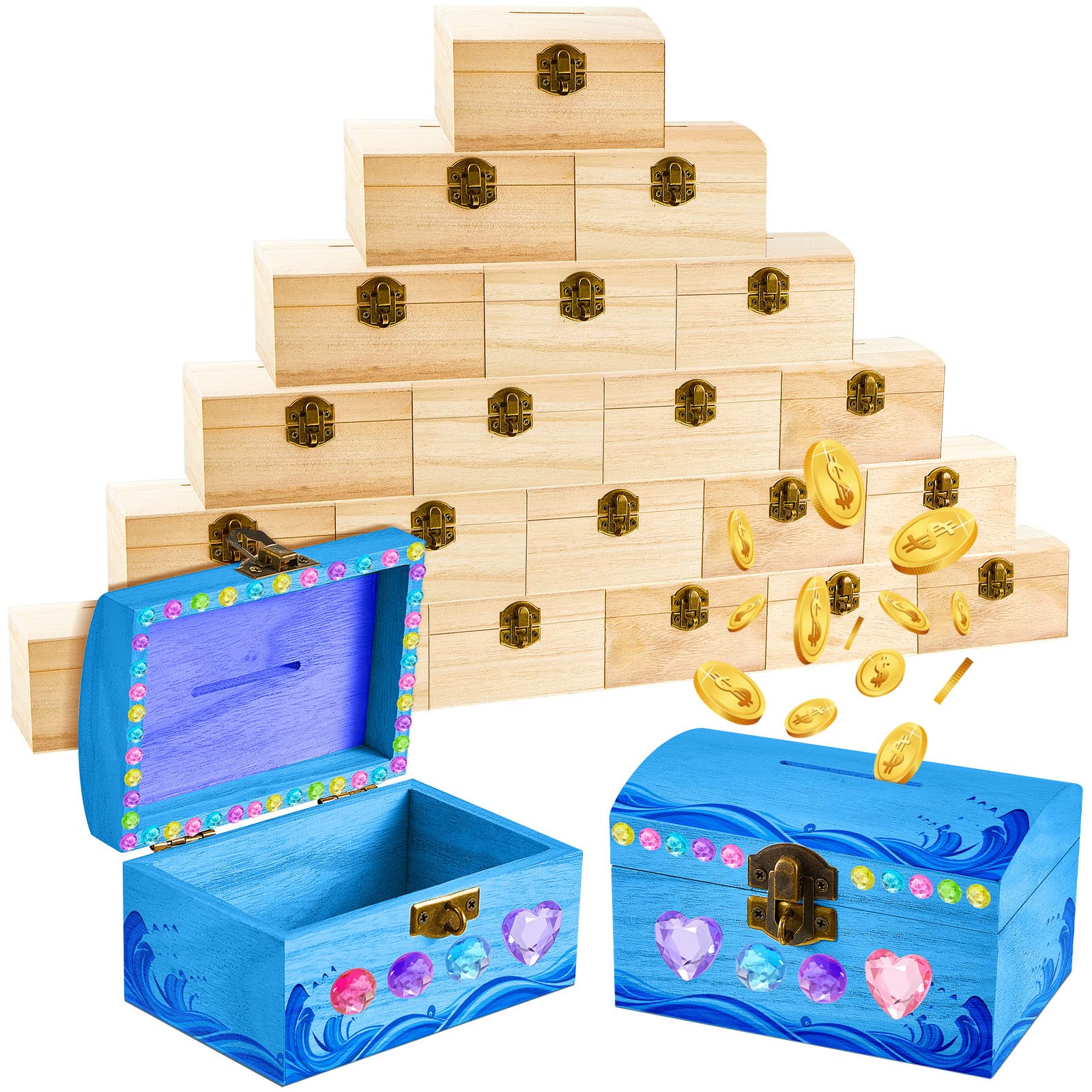 Chapou 24-piece wooden treasure box set with lockable lid for kids crafts
